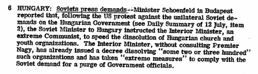 Фрагмент сводки ЦРУ от 26 июля 1946 года о предписании СССР закрыть общественные организации в Венгрии