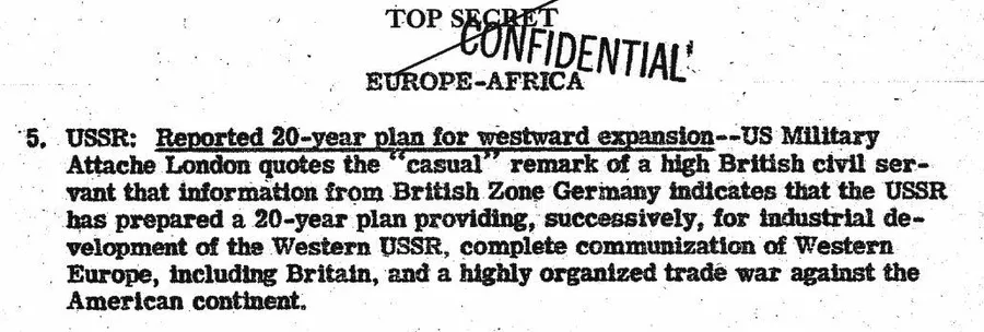 Фрагмент сводки ЦРУ от 1 августа 1946 года о 20-летнем плане советизации Европы