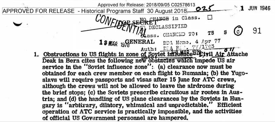 Фрагмент сводки ЦРУ от 1 июня 1946 года об ужесточении режима воздушеного сообщения