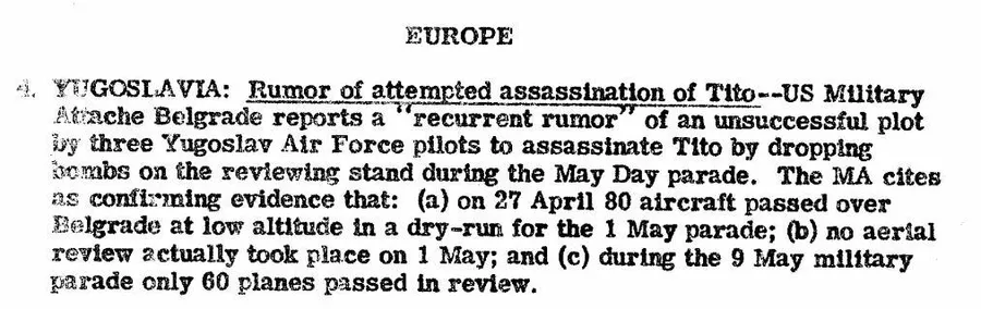 Фрагмент сводки ЦРУ от 12 мая 1947 года о якобы готовившемся покушении на Тито