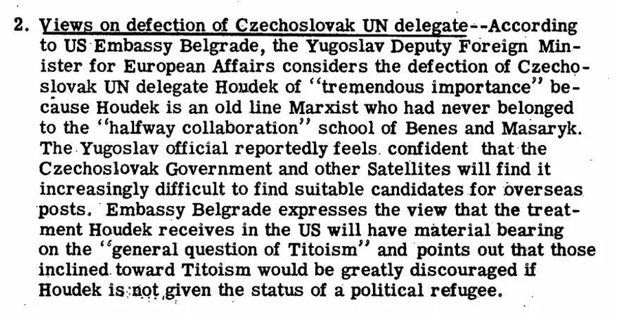 Фрагмент сводки ЦРУ от 22 мая 1950 года о побеге чехословацкого дипломата на Запад