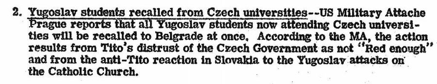 Фрагмент сводки ЦРУ от 31 октября 1946 года об отзыве югославских студентов из чешских университетов Фрагмент сводки ЦРУ от 31 октября 1946 года об отзыве югославских студентов из чешских университетов