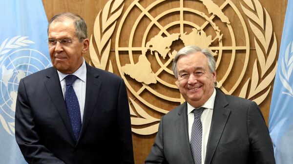 Министр иностранных дел РФ Сергей Лавров и генеральный секретарь Организации Объединенных Наций (ООН) Антониу Гутерреш Министр иностранных дел РФ Сергей Лавров и генеральный секретарь Организации Объединенных Наций (ООН) Антониу Гутерреш
