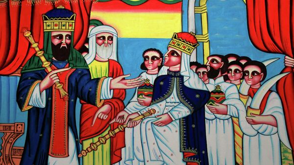 Встреча царя Соломона с царицей Савской. Картина из музея Аксума. Эфиопия Встреча царя Соломона с царицей Савской. Картина из музея Аксума. Эфиопия