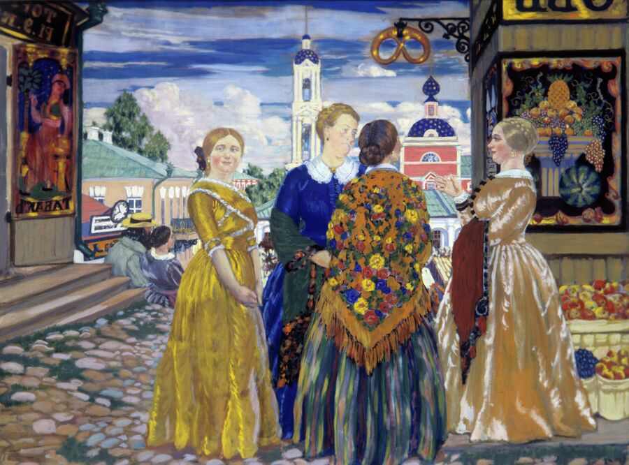 Репродукция картины Бориса Кустодиева Купчихи в Кинешме, 1912 год. Холст, масло. Репродукция картины Бориса Кустодиева Купчихи в Кинешме, 1912 год. Холст, масло.
