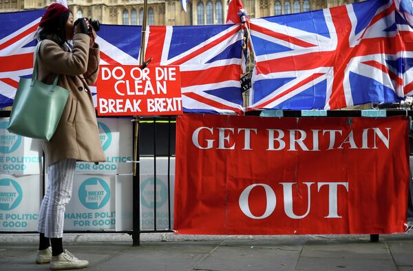 Плакаты сторонников Brexit у здания Парламента в Лондоне Плакаты сторонников Brexit у здания Парламента в Лондоне