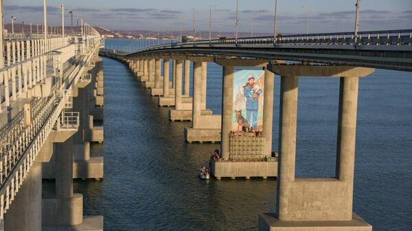 Рисунок рабочего-мостостроителя с котом на руках на опоре Крымского моста