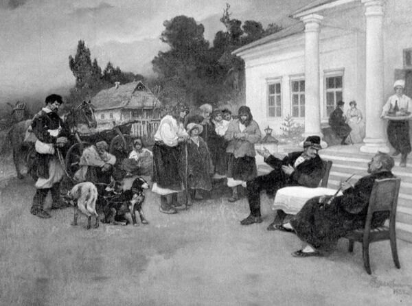 Крепостных крестьян меняют на собак. Картина И.С. Ижакевича (1864 - 1962 гг.) Крепостных крестьян меняют на собак. Картина И.С. Ижакевича (1864 - 1962 гг.)