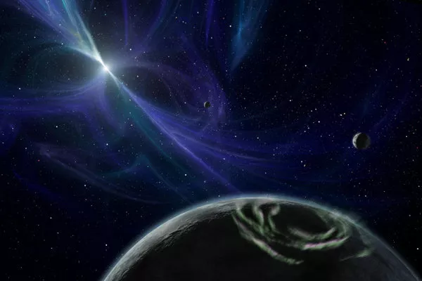 Пульсар и вращающаяся вокруг него планета PSR B1257+12 глазами художника