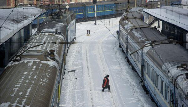 Работник железнодорожного транспорта на вокзале Киева после сильного снегопада Работник железнодорожного транспорта на вокзале Киева после сильного снегопада
