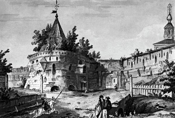 Варварские ворота Китай-города в Москве. XVIII век. Акварель неизвестного художника. Из фондов Государственного Исторического музея Варварские ворота Китай-города в Москве. XVIII век. Акварель неизвестного художника. Из фондов Государственного Исторического музея