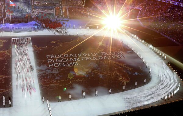 Представители России во время парада атлетов Представители России во время парада атлетов